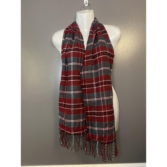 Catherines Scarf Womens One Size Red Gray Plaid Fringe Acrylic Winter Warm - Picture 1 of 4